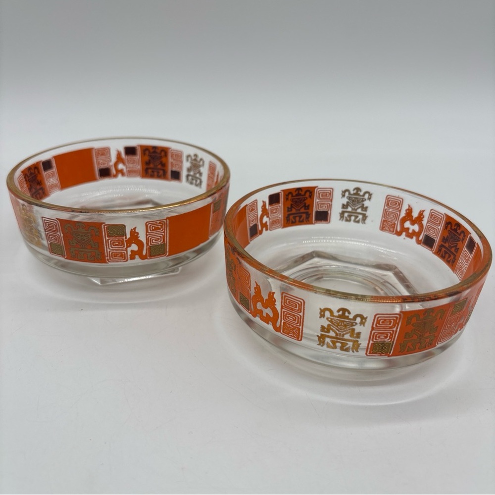 Vintage MCM Jeannette Aztec Inca Orange & Gold Glass Dip Bowls Set of 2